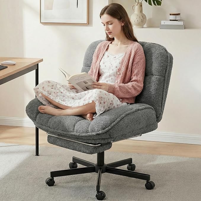 DurayLoly Criss Cross Office Chair with Foot Rest, 26.77" Wide Cross Legged Office Chair with 7" Thick Backrest, Height Adjustable & 360°Swivel, Desk Chair for All-Day Comfort (Misty Gray)