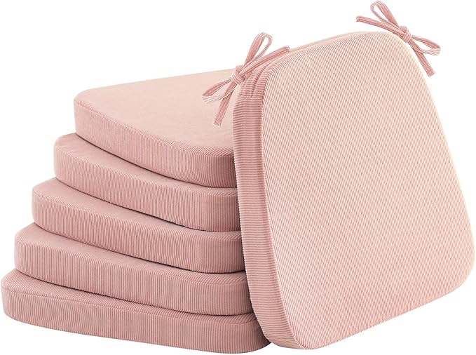 2'' Thick High-Density Foam Indoor Chair Cushions | Dining Chair Pads with Ties, Removable Washable Cover, Kitchen Chair Cushions 17"x16", Pink 6 Pack