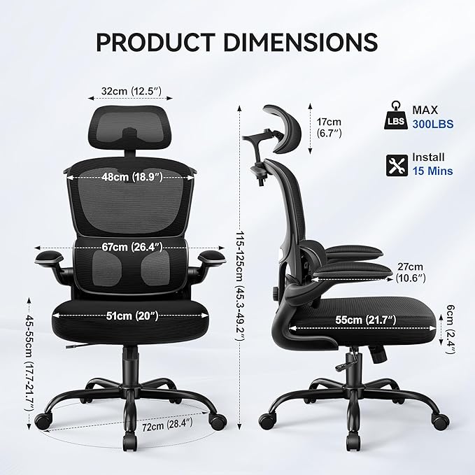ALLGOD Ergonomic Office Chair, Mesh Desk Chair with Lumbar Support, High Back Home Office Chair with Adjustable Headrest and Flip-Up Arms, Comfortable Computer Chair, Thick Cushion,Black-8 Pack