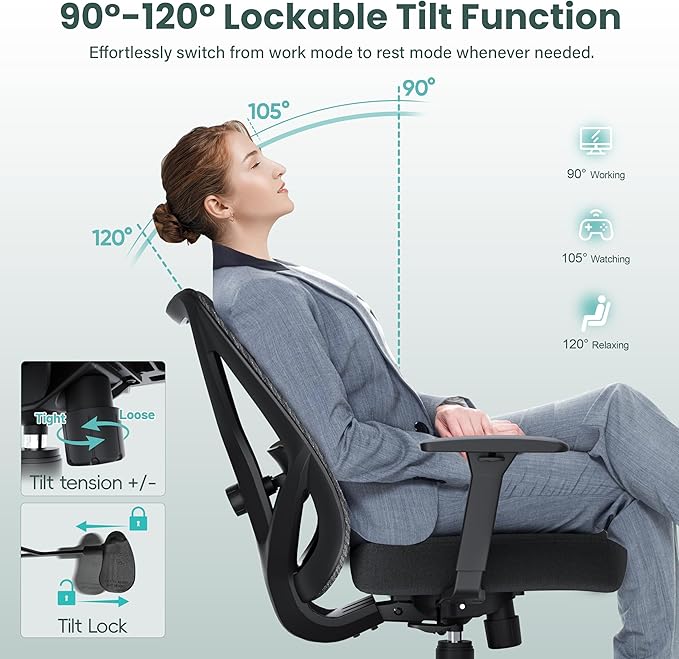 Ergonomic Office Chair, Mesh Computer Desk Chairs with Adjustable Lumbar Support, 3D Armrest, Tilt Function, Comfy Wide Seat, Executive Chair for Company & Home, Gaming Chair (Black Sponge Cushion)
