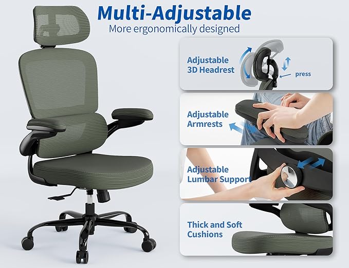 TRALT Ergonomic Office Chair - Desk Chair with Adjustable Headrest Lumbar Support Computer Chair - Mesh Comfy Chair with Flip-up Armrests - Gaming Chairs for Adults Home Office (Leather, Dark Green)