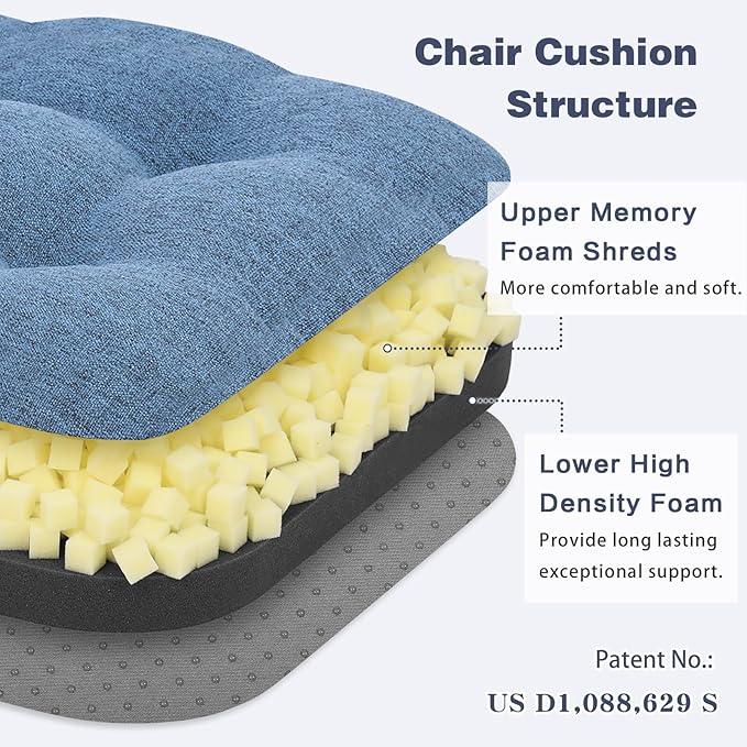 baibu Set of 4 Dining Chair Cushions, Dual-Layer Patent Design Memory Foam Kitchen Chair Cushions, Non-Slip Seat Pads with Ties, 16.5 x 16.5 x 3.5in, 4 Pack, Blue