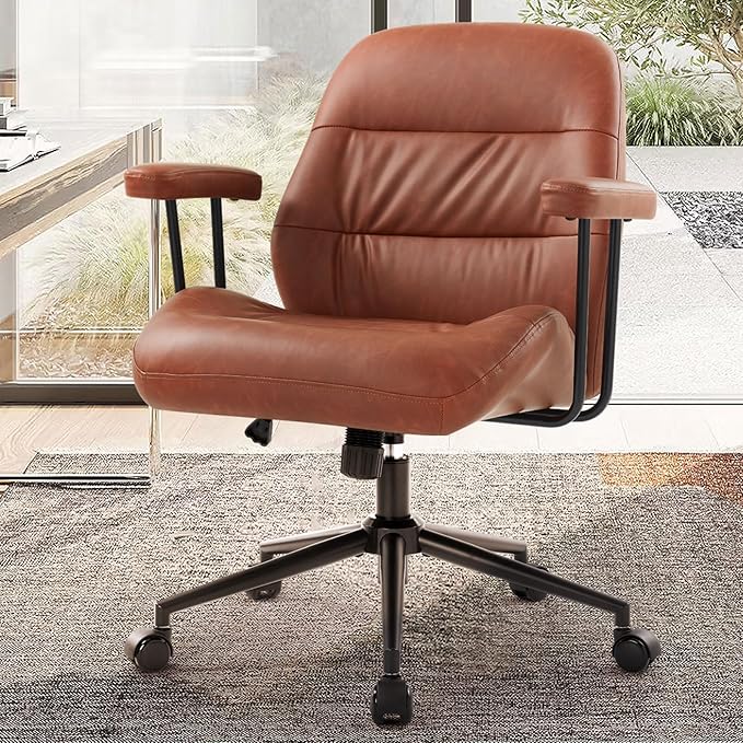 IWMH Leather Office Chair with Removable Armrests，Mid-Back Ergonomic Desk Chair with Lumbar Support，Adjustable Height 360° Swivel Executive Task Chairs for Home Office (Brown)