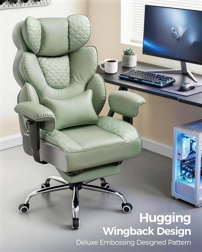 GTPLAYER Big and Tall Gaming Chair Ergonomic Heavy Duty Office Chair Racing Seat with Adjustable Lumbar Pillow Footrest 150° Reclining Thickened Armrests Breathable Mesh for Esports/PC Gaming