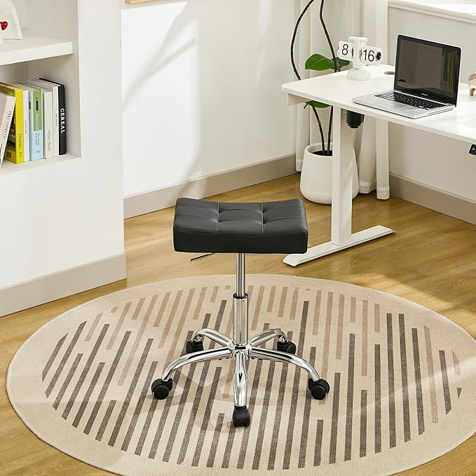 FIRAVOE Office Stool with Wheels (300lbs Capacity) (Adjustable Height 17-21 inch) Black Faux Leather Workbench Stool (Black)