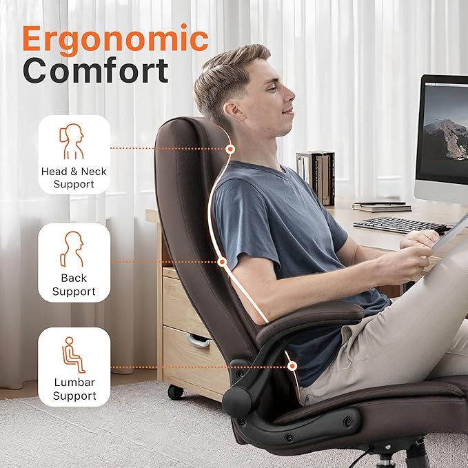 NEO CHAIR Office Desk Gaming Computer Home Chair Ergonomic Executive High Back Support Flip-up Arms Adjustable Height Swivel Rolling Wheels Comfy PU Leather (Brown)
