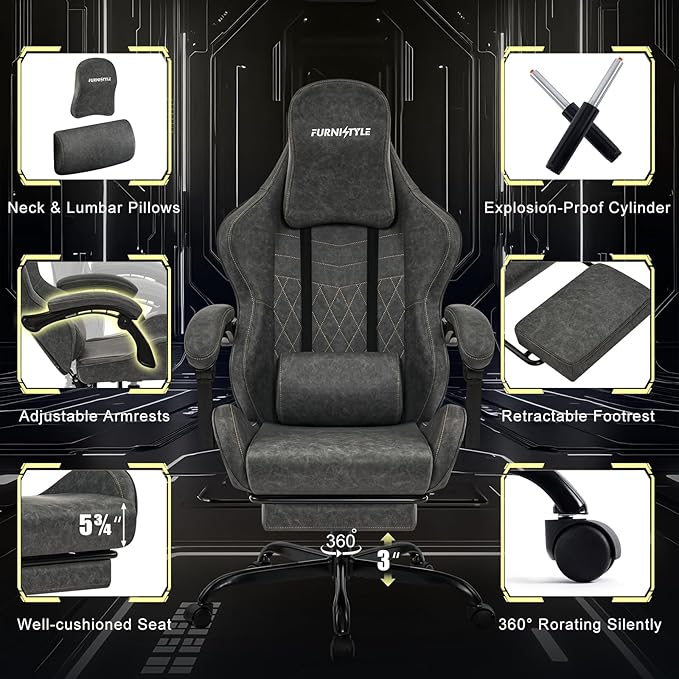 Gaming Chair Big and Tall, Grey Leather Video Game Chairs with Footrest, Padded Linkage Armrests & Large Headrest, Ergonomic Computer Chair 350lbs for Adults Gaming or Office Use