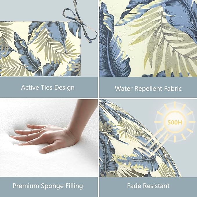 LVTXIII Outdoor Chair Cushions, Fade-Resistant Patio Furniture Cushions Outdoor Chair Pads with Ties for Dining Chairs and Garden Furniture Use, 22"x22"x3" Pack of 2, ‌Lush Palm Blue