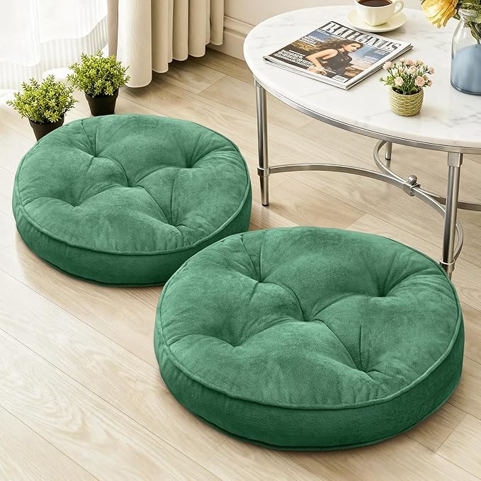 1 MIDDLE ONE Floor Pillow Set of 2, Memory Foam Meditation Cushion, Floor Cushions for Adults Sitting, Large Round Seat Cushions for Yoga, Living Room, 20x20 Inch (Round | Green)