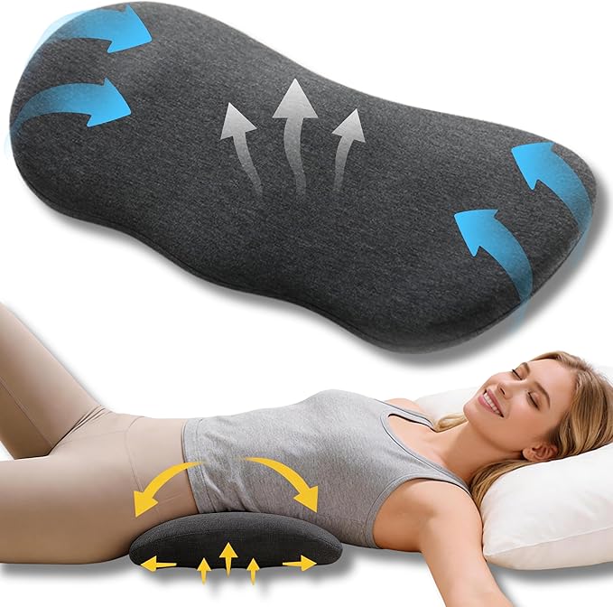 Lumbar Support Pillow for Sleeping Memory Foam Lumbar Pillow for Lower Back Pain Relief, Ergonomic Waist Pillow for Side/Back/Stomach Sleepers with Washable Cover（Black）