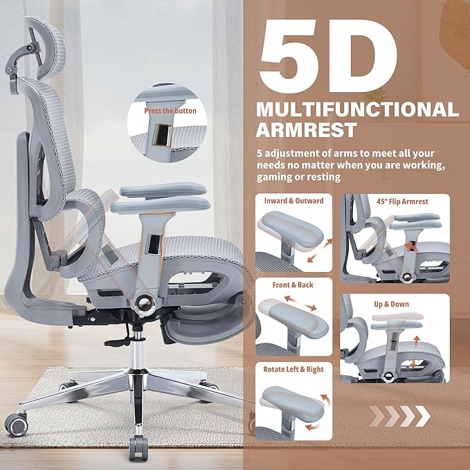 Ergonomic Office Chair with Footrest - 400lbs Heavy Duty Mesh Desk Chair, 5D Armrests, 3D Lumbar, 5 Level Backrest, Adjustable Headrest, Reclining High Back Swivel Chairs for Home Office