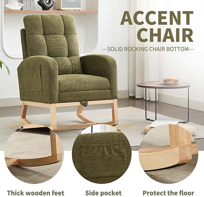 40" Fabric Nursing Rocking Chair, Nursery Chairs with Adjustable Foot Rest, High Backrest Upholstered Arm Chair with Side Pockets, Wood Rocking Chair for Living Room, Bedroom, Baby Room (Cyan 1)
