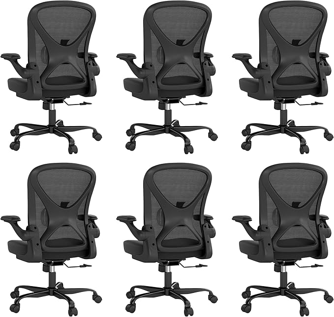 Ergonomic Mesh Office Chair, Computer Chair with Flip-Up Armrests, Adjustable Lumbar Support, Height Adjustable, Smooth Casters, and 360° Swivel, 6PC, Black
