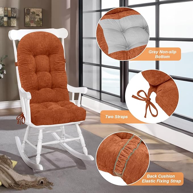 Rocking Chair Cushion - Chenille Fabric, High-Density Sponge, Durable Comfort Non-Slip Bottom Tufted Seat Pads with Ties, Chenille︱Amberglow, 44x19x4 inch