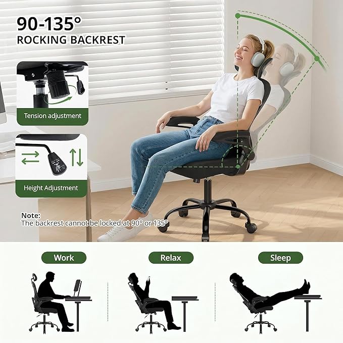 Kechen Office Chair with Swivel Armrests,High Back Mesh and Breathable Design of Computer Desk Chair,Lumbar Support and Height Adjustment for Comfortable Desk Chairs，for Work and Study (Black, 501)