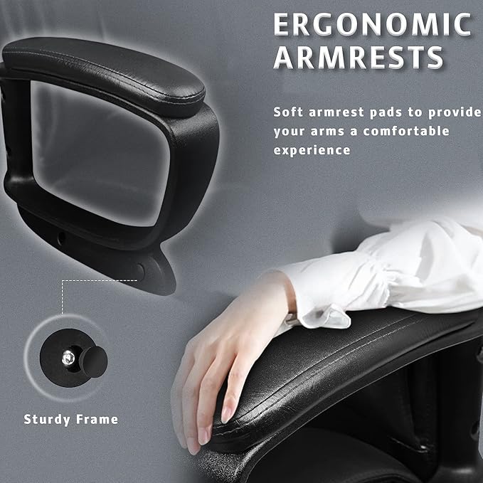 LEMBERI Office Desk Chair, Managerial Executive Chair, High Back Computer Chair, Ergonomic Height Adjustable PU Leather Chairs with Padded Armrest for Long Time Sitting (Black)