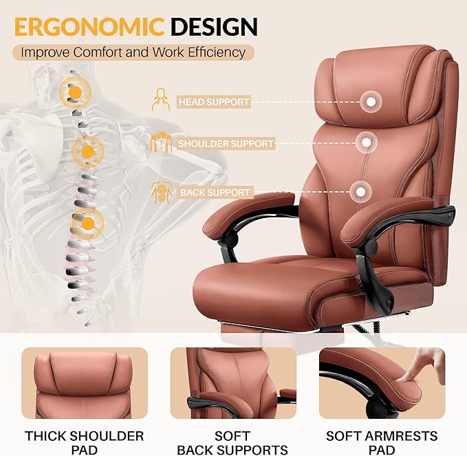 HeroSet Big and Tall Office Chair with Foot Rest, 400lbs Ergonomic Reclining High Back Executive Leather Chair, Lumbar Support Swivel Computer Desk Chairs for Heavy People Home Office Gaming(Brown)