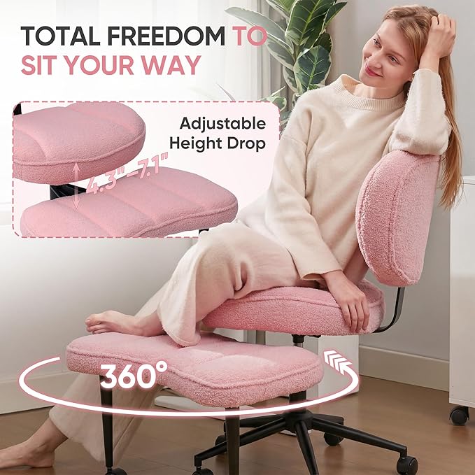 Criss Cross Office Chair with Wheels, Adjustable-Height Backrest & Swivel Footrest, Ergonomic Cross Legged Office Chair with Leg Rest for Kneeling Meditation Yoga ADHD (Pink Teddy Fleece)