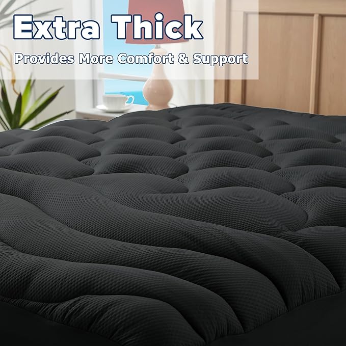 ELVEN HOME Full Size Mattress Pad for Pain Relief, Quilted Fitted Cooling Mattress Topper for Double Bed, Pillow Top Mattress Protector Cover with 8-21" Deep Pocket (54x75 inch, Black)