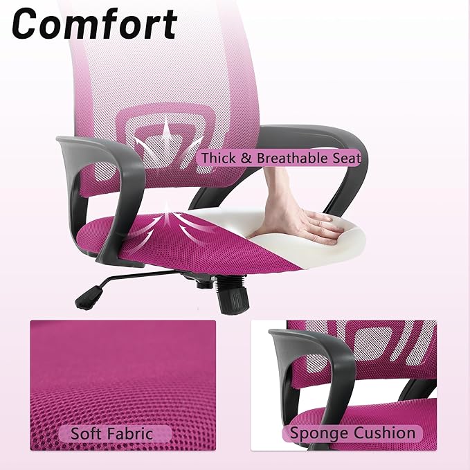 Office Chair,Work Chairs for Home Office,Ergonomic Desk Chair with Lumbar Support,Mesh Office Chair with Arm and Wide Comfortable Seat,Adjustable Rolling Office Chair,Pink