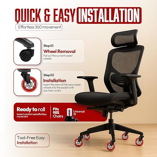 Wheels Xela Red Office Chair Wheels, Set of 5, 3 Inch Heavy-Duty Replacement Rubber Wheels for Desk & Gaming Chair are Easy to Install & Suitable for All Floor Types