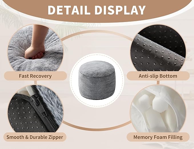 WSOFRLAC Round Pouf Ottoman Foot Rest Plush Ottoman Footstools for The Living Room Ottomans Stuffed Full of Foam Blocks 26"x18" Large Foot Stool Dark Grey Footrests Hassocks and Ottomans Set