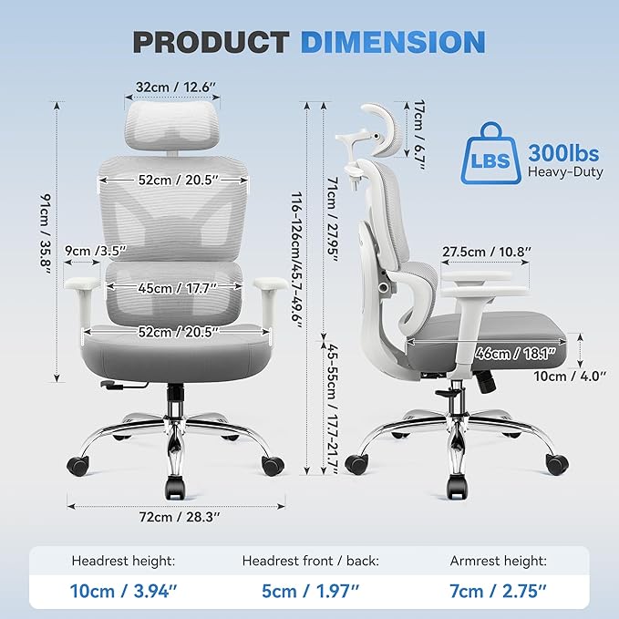Ergonomic Office Desk Chair, High Back Mesh Office Chair with Adjustable Lumbar Support, 3D Headrest, Big and Tall Home Computer Desk Chairs Comfy for Work, Gaming, 300lbs, (Gray, 2 Pack)