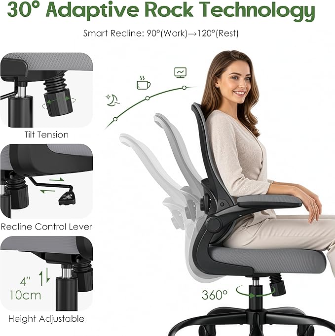 Office Chair Ergonomic Desk Chair - Mesh Comfy Home Desk Office Chairs with Wheels Adjustable Lumbar Support Flip up Armrest Executive Rolling Swivel Teacher Task Computer Chair Gray