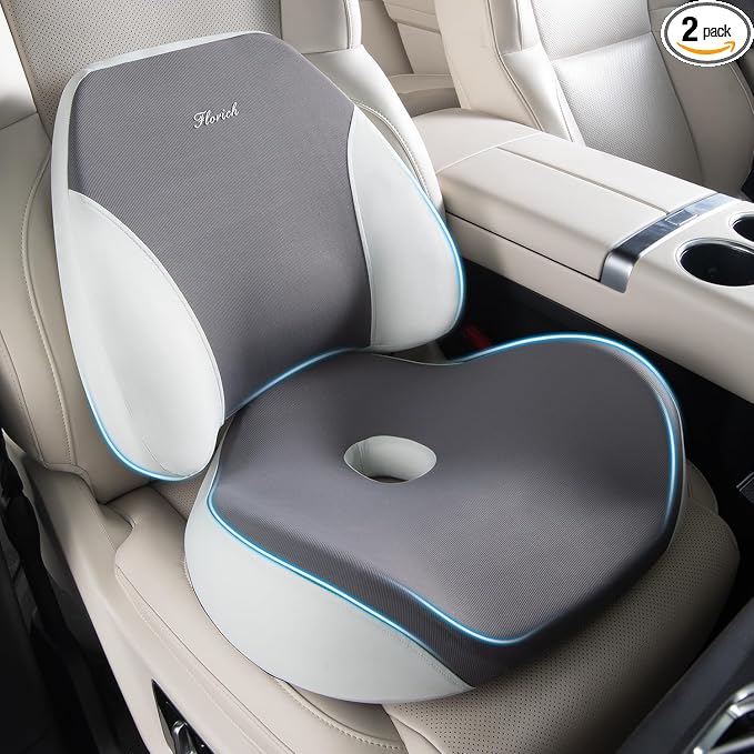 FLORICH Lumbar Support Pillow and Car Seat Cushion for Driving Car Office Chair, Memory Foam Back Support Pillow and Office Seat Chair Cushion for Sciatica Pain Relief - Grey