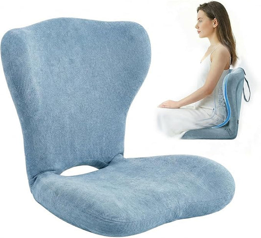 Adjustable Foldable Chair Cushions with Backrest, Lumbar Support Cushion with Detachable Headrest Pillow, Ergonomic Support Seat Cushion Chair for Office, Home, Car & Floor Sitting (Blue)