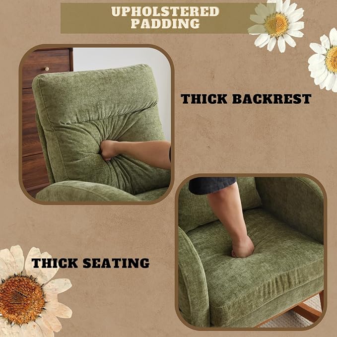 VINGLI Olive Chenille Rocking Chair Nursery with Thick Headrest, Upholstered Mid-Century Modern Nursing Rocker Glider with Curved Armrest, Sturdy Solid Wood Base for Living Room, Bedroom, Baby Room
