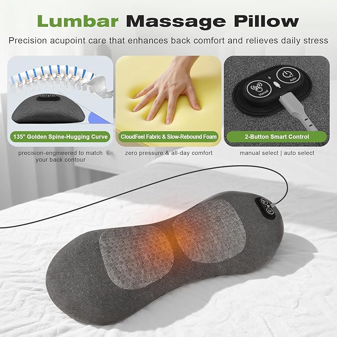 3 in 1 Electric Lumbar Support Pillow with Heat, Vibration & Traction – Adjustable Triple Fusion Back Massager for Lower Back & Sciatica Pain Relief, Deep Tissue Relaxation, Memory Foam Cushion