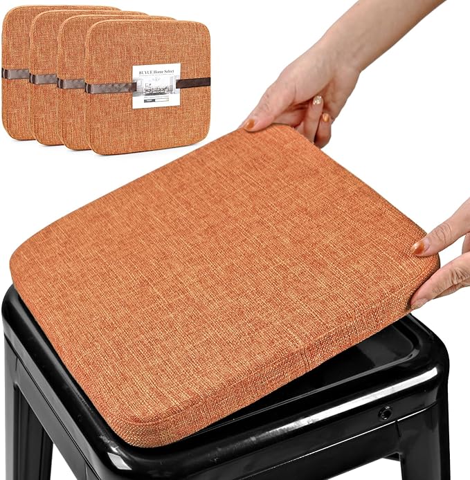 BUYUE Friendly Woven Fabric Magnetic Bar Stool Cushions Set of 4, Enhanced Anti-Slip Breathable Small Chair Seat Pads for Café Bistro Stackable Metal Stools (Square, Orange, 4 Counts)