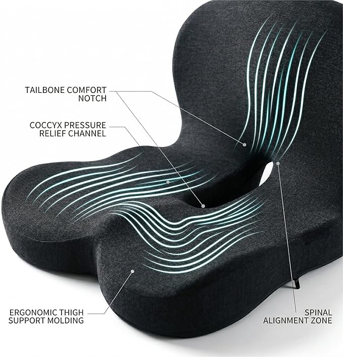 Memory Sponge Cushion, Pressure reducing Cushion, Ergonomic, Lumbar Support Pillow (All Black)