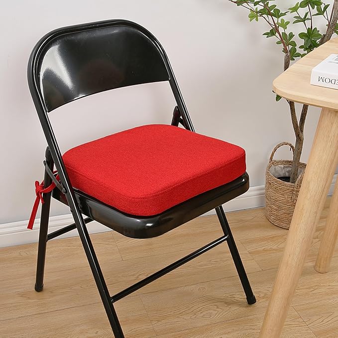 SINOSSO Memory Foam Chair Cushions for Folding Chairs 4 Pack, Thickened 2" Square Pads with Ties for Kitchen Chairs, Indoor Non-Slip Dining Chair Seat Cushions (Set of 4, Red)