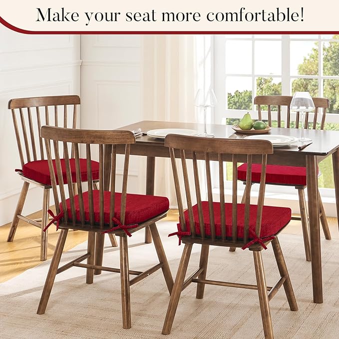 Basic Beyond Chair Cushions for Dining Chairs 6 Pack, Kitchen Chair Cushions with Ties and Non Slip Backing, 16 x 16 inches Chair Pads for Dining Chairs (Red)