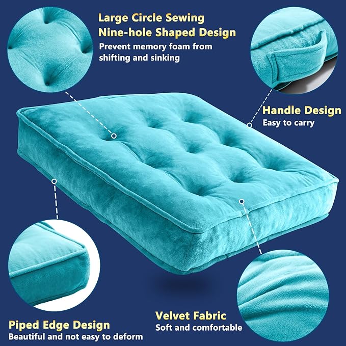 1 MIDDLE ONE Floor Pillow Set of 2, Memory Foam Meditation Cushion, Floor Cushions for Adults Sitting, Large Square Seat Cushions for Yoga, Couch, Sofa, Kids, Living Room, 22x22 Inch (Blue)