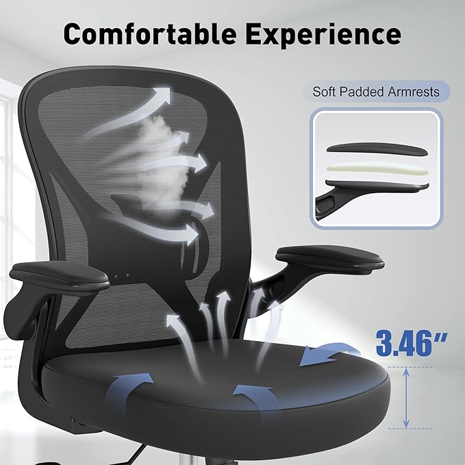 Ergonomic Mesh Office Chair, Computer Chair with Flip-Up Armrests, Adjustable Lumbar Support, Height Adjustable, Smooth Casters, and 360° Swivel, Black