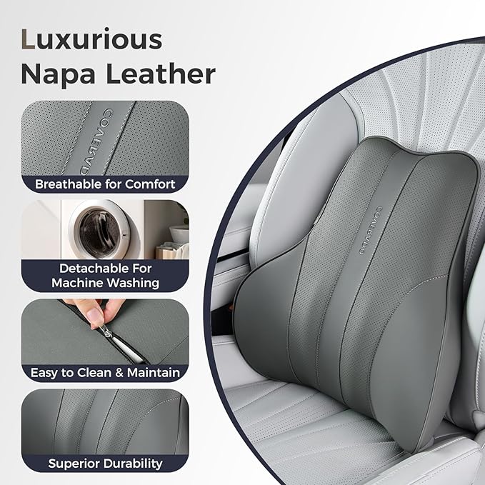 Coverado Lumbar Support Pillow for Car, Ergonomic Memory Foam Back Pillow for Office Chair, Back Cushion for Back Pain Relief, PU Leather Car Lumbar Support for Driving Seat