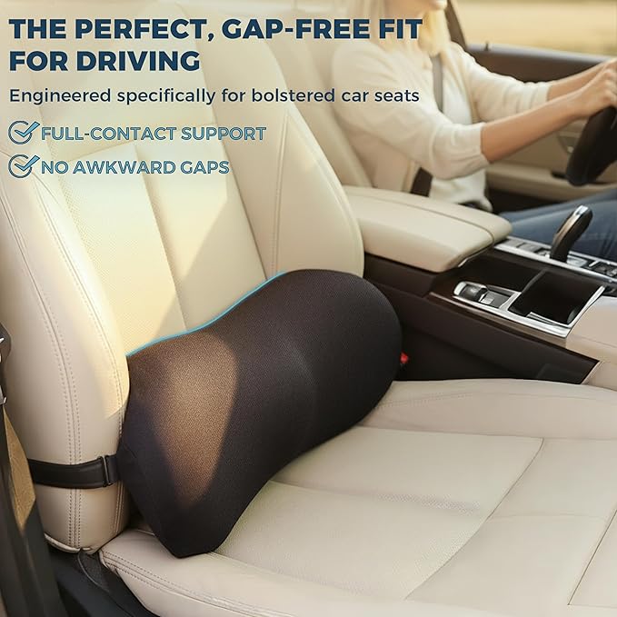 Lumbar Support Pillow for Car with Dual-Grip Stability System - Advanced Adaptive Memory Foam Back Pillow for Lower Back Pain Relief, Ergonomic Driving Seat & Office Chair Cushion, Black