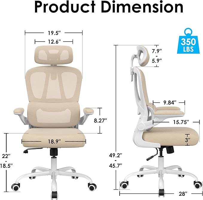 Breathable All-Mesh Ergonomic Chair with Headrest - High Back Desk Chair for Cool, Sweat-Free Work Sessions, Silent Casters Perfect for Bedroom Office (Khaki)
