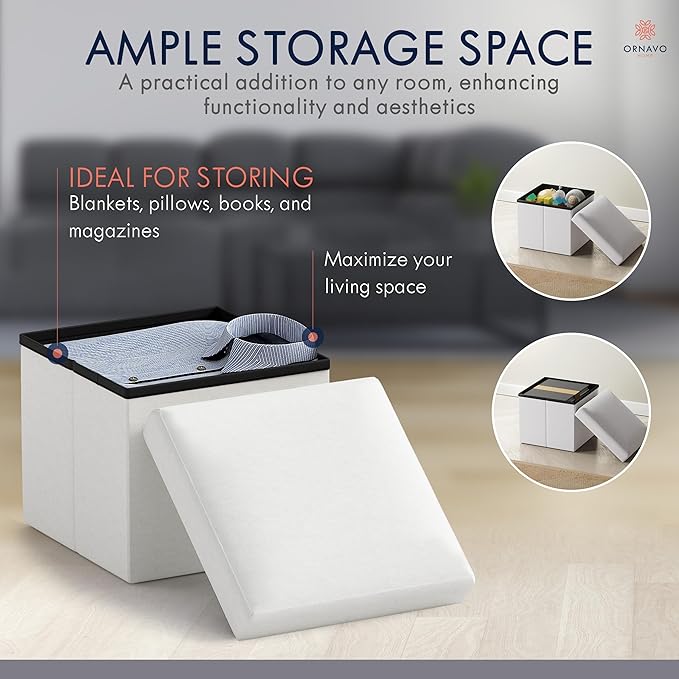 Ornavo Home Small Storage Ottoman Foldable Collapsible Cube Square Linen Ottoman Foot Rest Stool Seat, for Living Room, Bedroom, Home Office, Dorm - 12 x 12 x 12, White