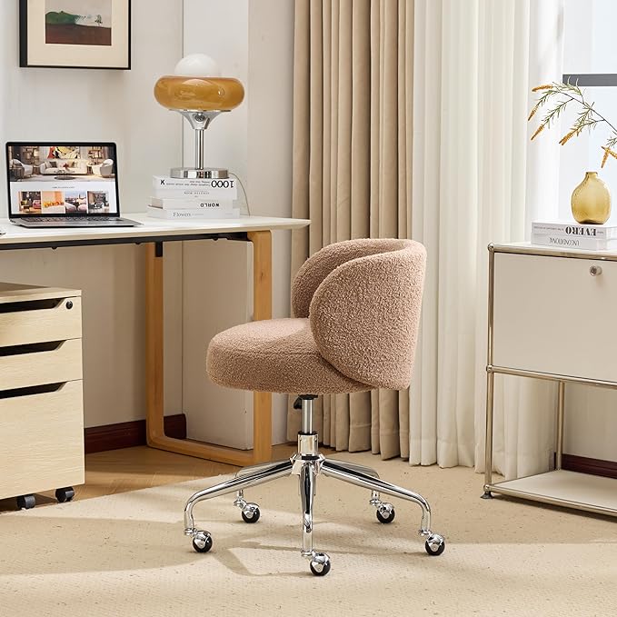 VINGLI Cute Small Swivel Desk Chair Comfy with Wheels,Ergonomic Low-Back Lumbar Support Vanity Nail Tech Rolling Task Stool Chair for Home Office,Height Adjustable,Teddy Fleece,Brown