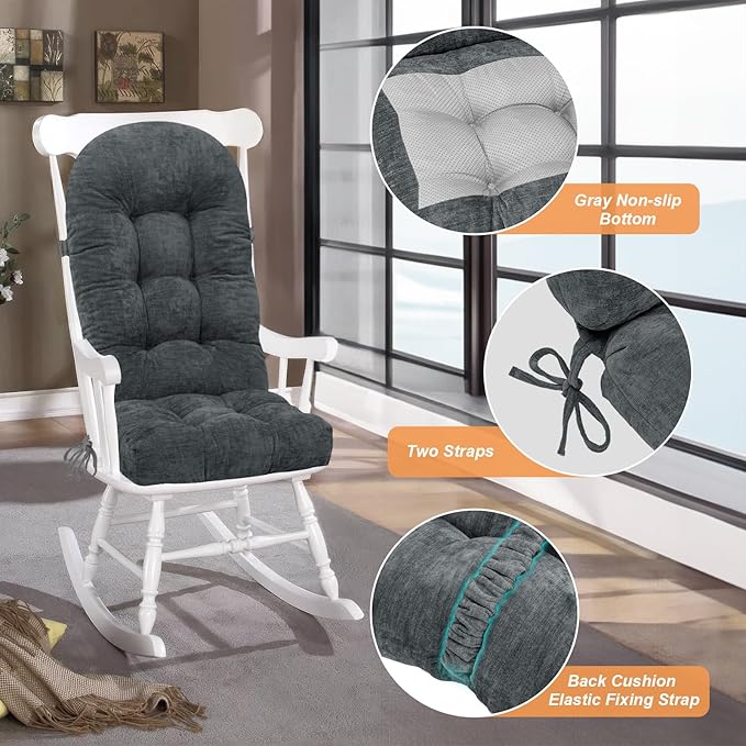 Rocking Chair Cushion - Chenille Fabric, High-Density Sponge, Durable Comfort Non-Slip Bottom Tufted Seat Pads with Ties, Chenille︱Dark Grey, 44x19x4 inch