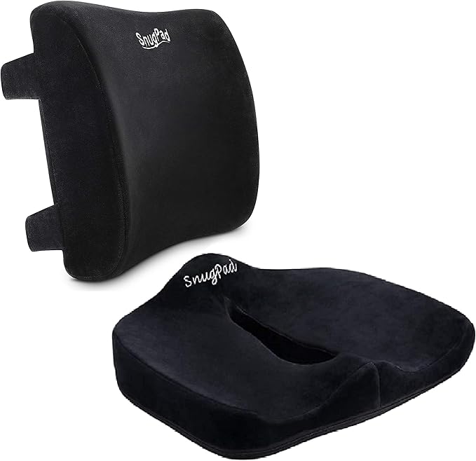 Memory Foam Lumbar Pillow and Seat Cushion Combo, Ergonomic, Orthopedic, Lower Back Support, Premium Washable Velvet Covers with Non-Slip Bottom, Ideal for Office Chairs and Car Seats (Black)