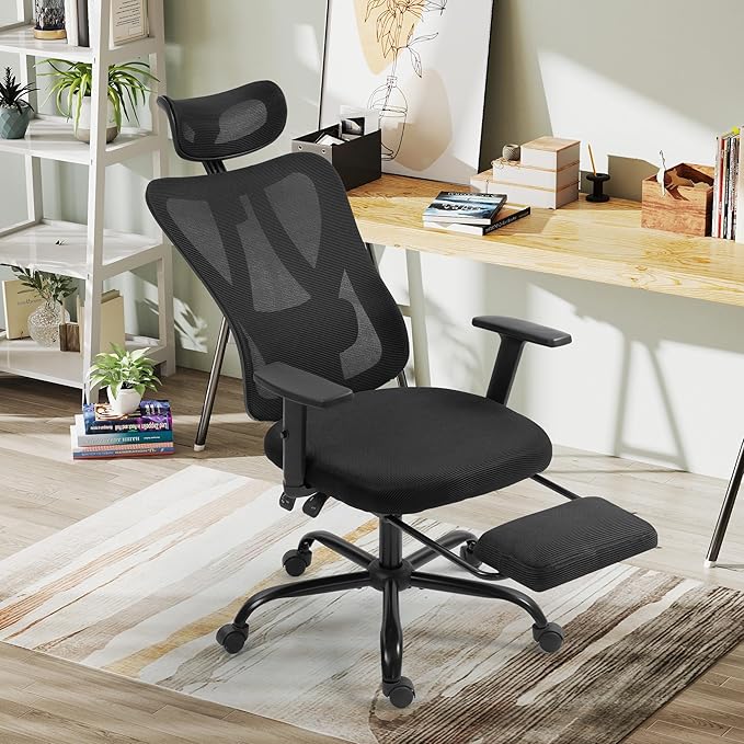ECOTOUGE Office Computer Desk Chair, Ergonomic High-Back Mesh Work Chairs with Wheels and Adjustable Height, Comfortable Lumbar Support, Comfy Armrest for Home, Bedroom, Study, Black