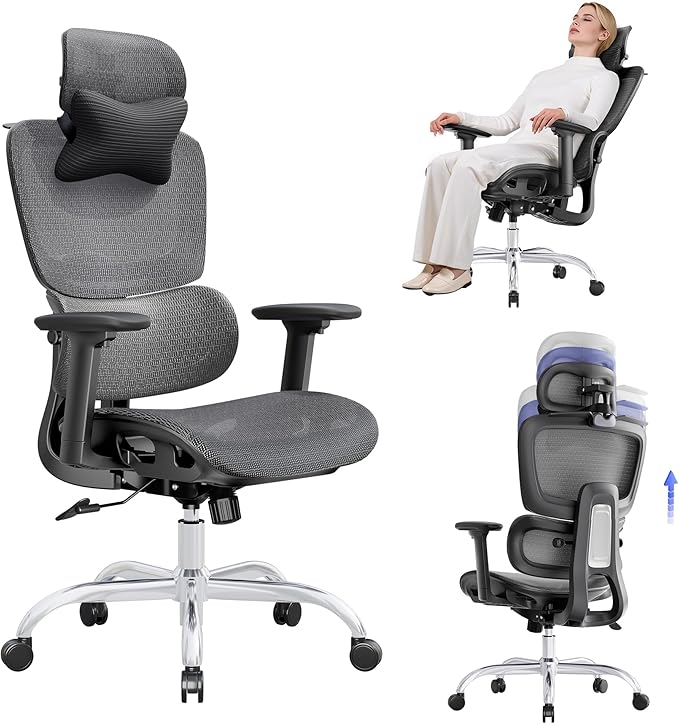 Ergonomic Office Chair with 3D Headrest, Computer Chair with Adjustable Backrest & 3D Armrest, Gaming Chair with Adaptive Lumbar Support, Mesh Backrest & Cushion, Black