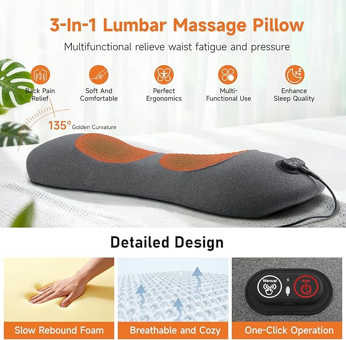 3-in-1 Electric Lumbar Support Pillow with Adjustable Height for Bed and Chair, Triple Fusion Cordless Back Massager with Heated, Vibration, Traction, Lower Back Pain Relief for Home & Office, Car