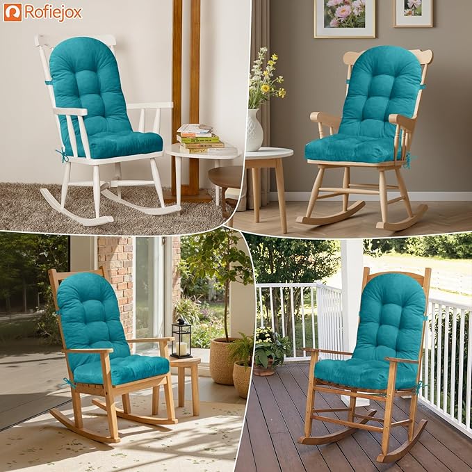 Rocking Chair Cushion - Chenille Fabric, High-Density Sponge, Durable Comfort Double-Sided Tufted Seat Pads with Ties, Chenille︱Blue, 44x19x4 inch