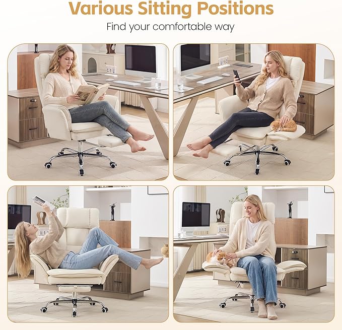 Big and Tall Office Chair, Cloud Reclining Office Chair with Footrest & Flip Armrest for Pets, Executive Ergonomic Criss Cross Desk Chair, Swivel Computer Gaming Chair with Lumber Pillow, PU Beige